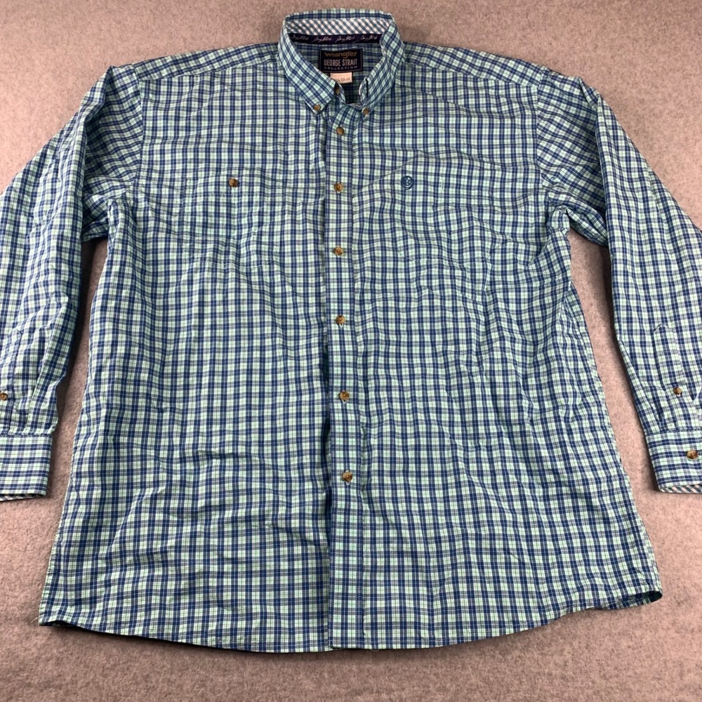 Wrangler Button Down Shirt Mens XXL Blue Green Plaid George Strait Collection